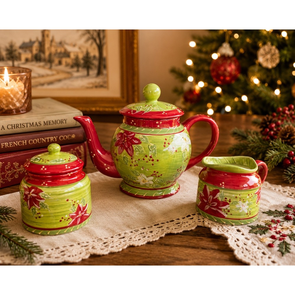 Holly Christmas 3 Pc Tea Set Romancing Provence Collections 2008 Creamer & Sugar
